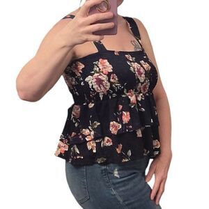 Story On Blue‎ Multi Floral Smocked Peplum Tank Top Large Cottagecore